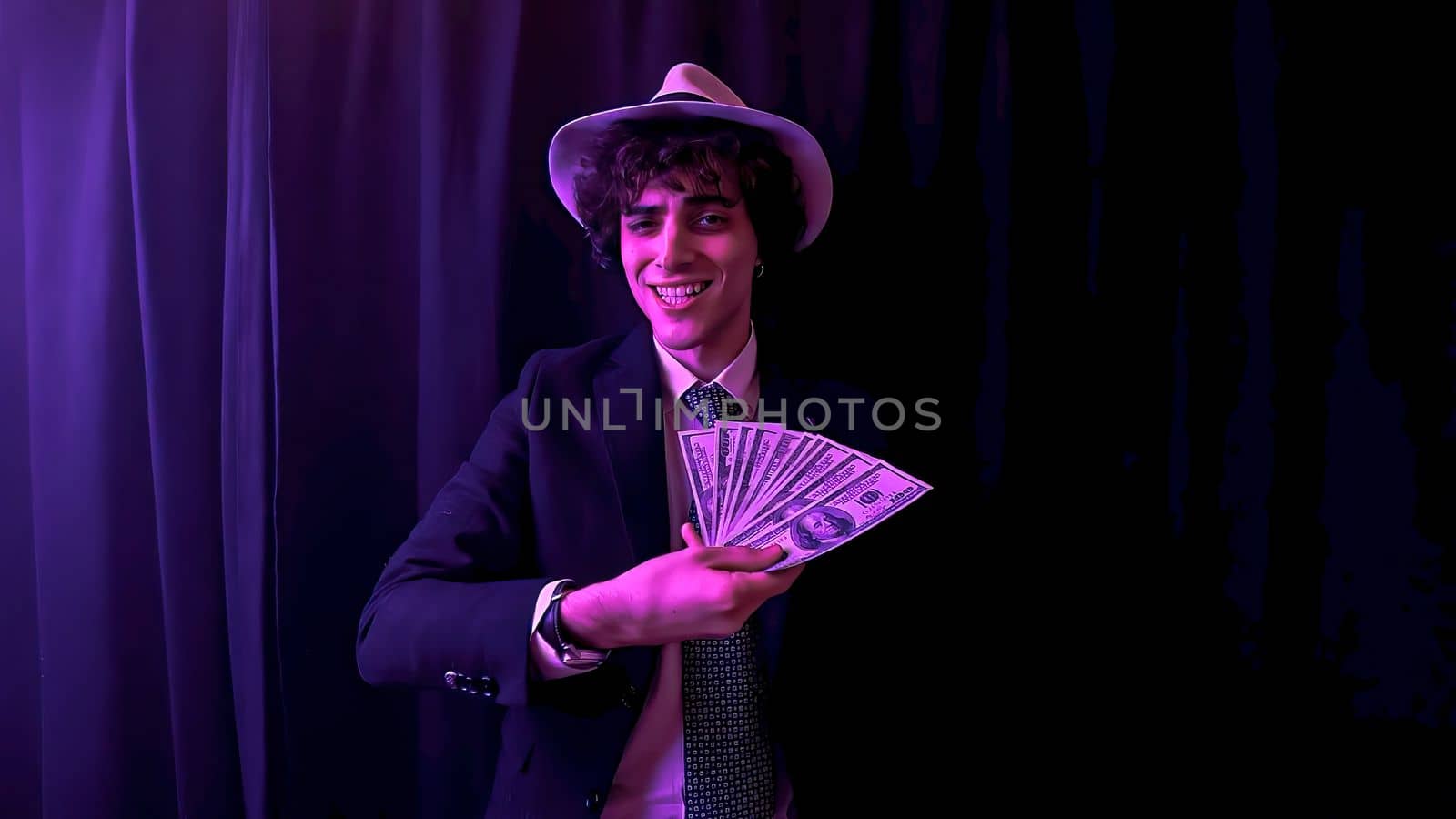 A carefree young man showers the camera with currency notes, flaunting his wealth and success. With a cool attitude, this confident individual revels in his abundance and good fortune.