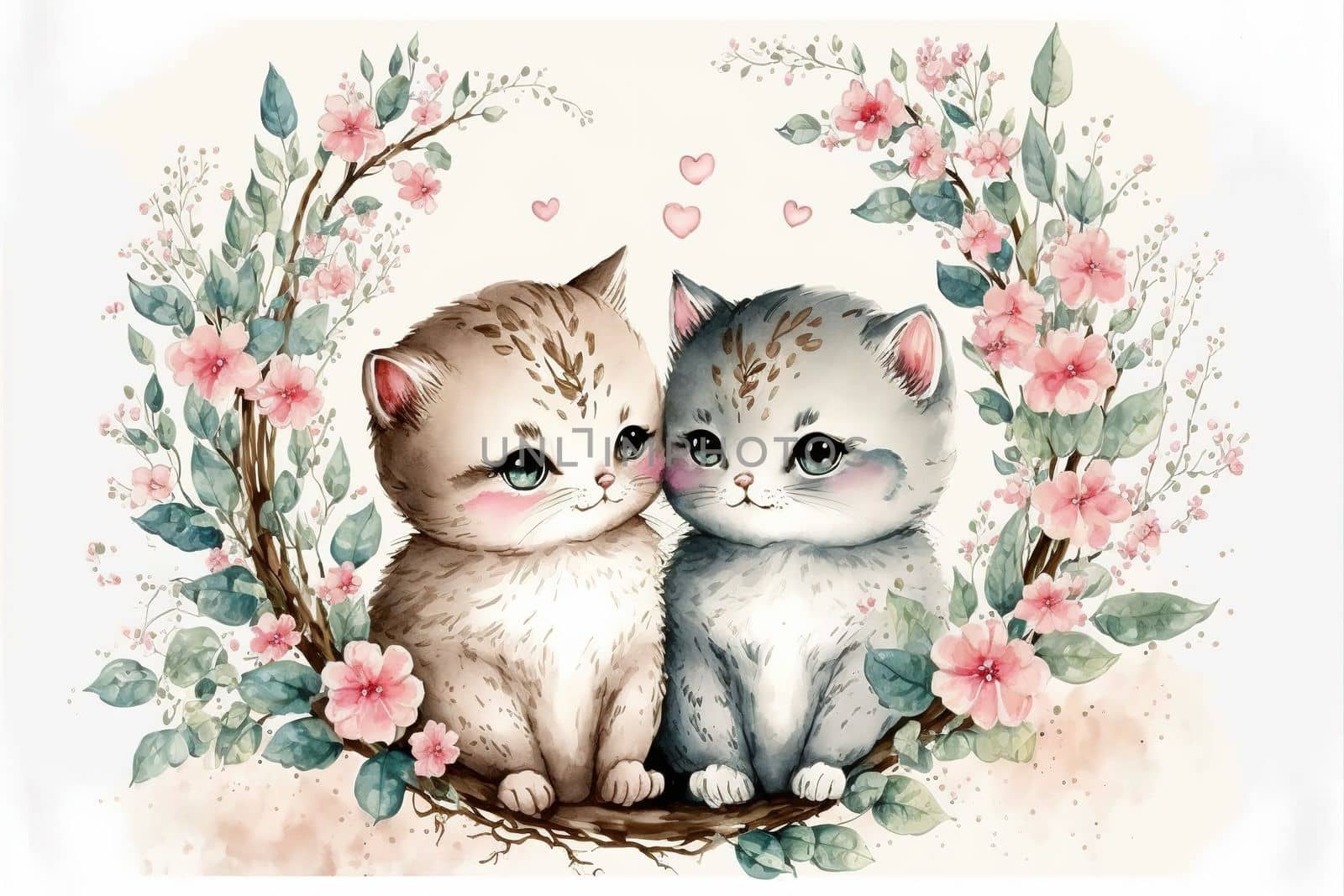 Cute little kitten in love on romantic Valentine's day hand drawn cartoon style by biancoblue