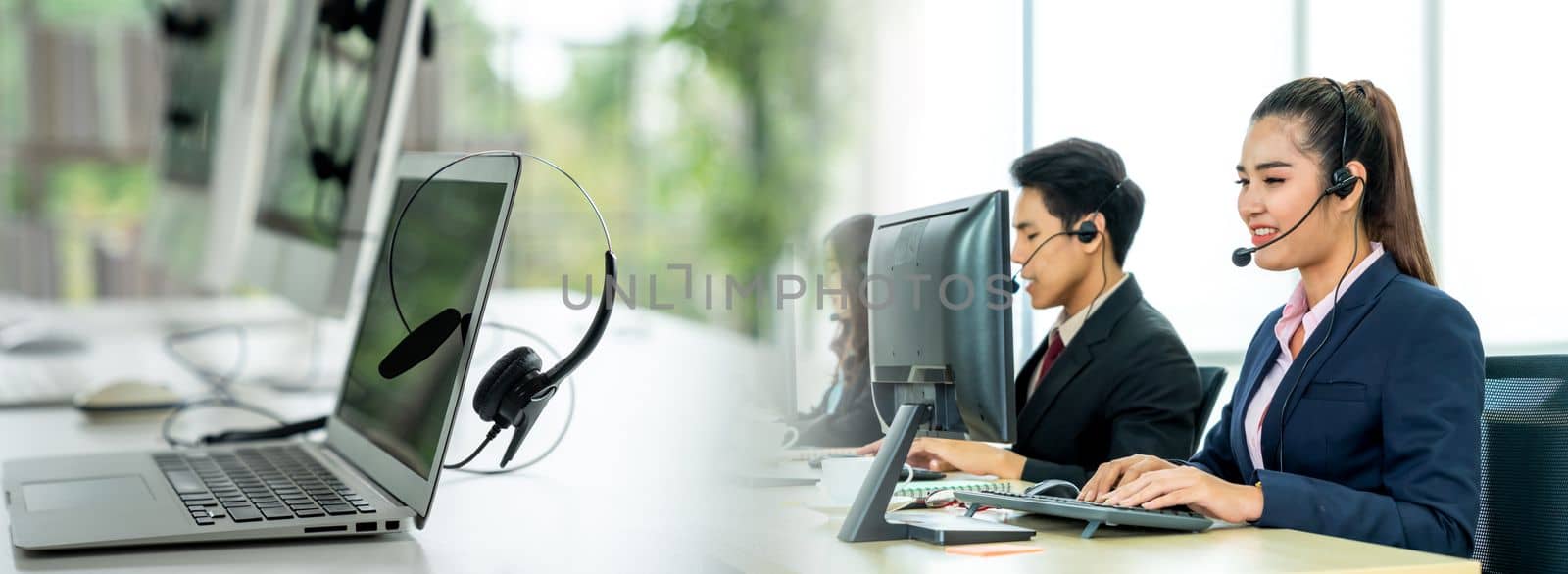 Business people wearing headset working in office in widen view to support remote customer or colleague. Call center, telemarketing, customer support agent provide service on telephone video call.