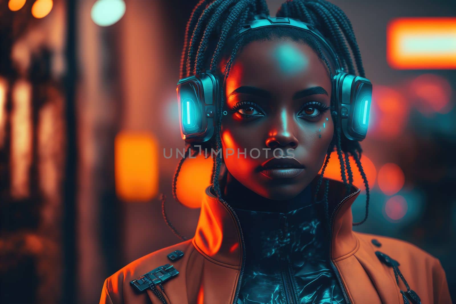 African woman wears virtual reality goggles standing in virtual world background by biancoblue