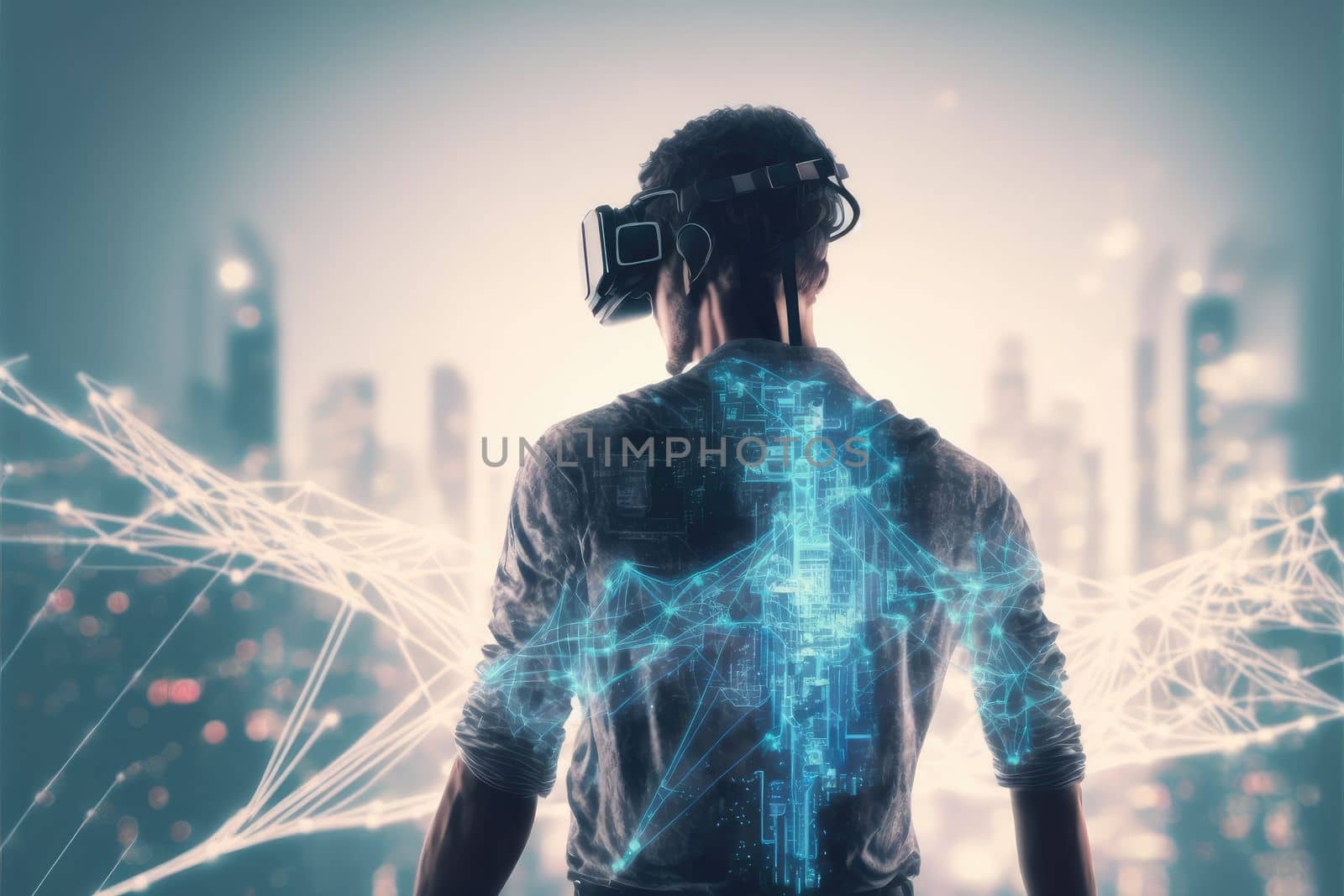 Young man wearing virtual reality goggles standing in virtual world background by biancoblue