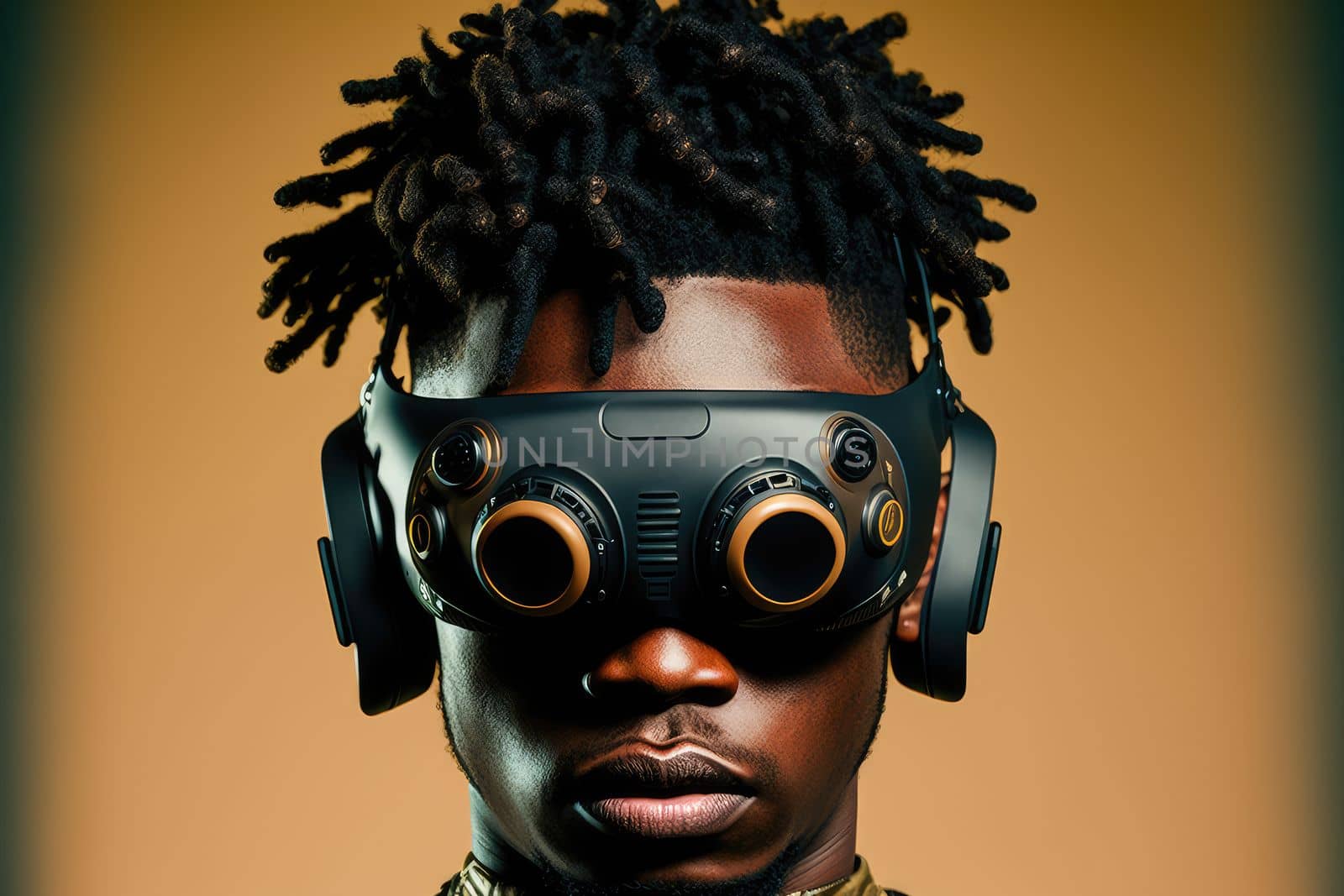 African man wearing virtual reality goggles standing studio clean background by biancoblue