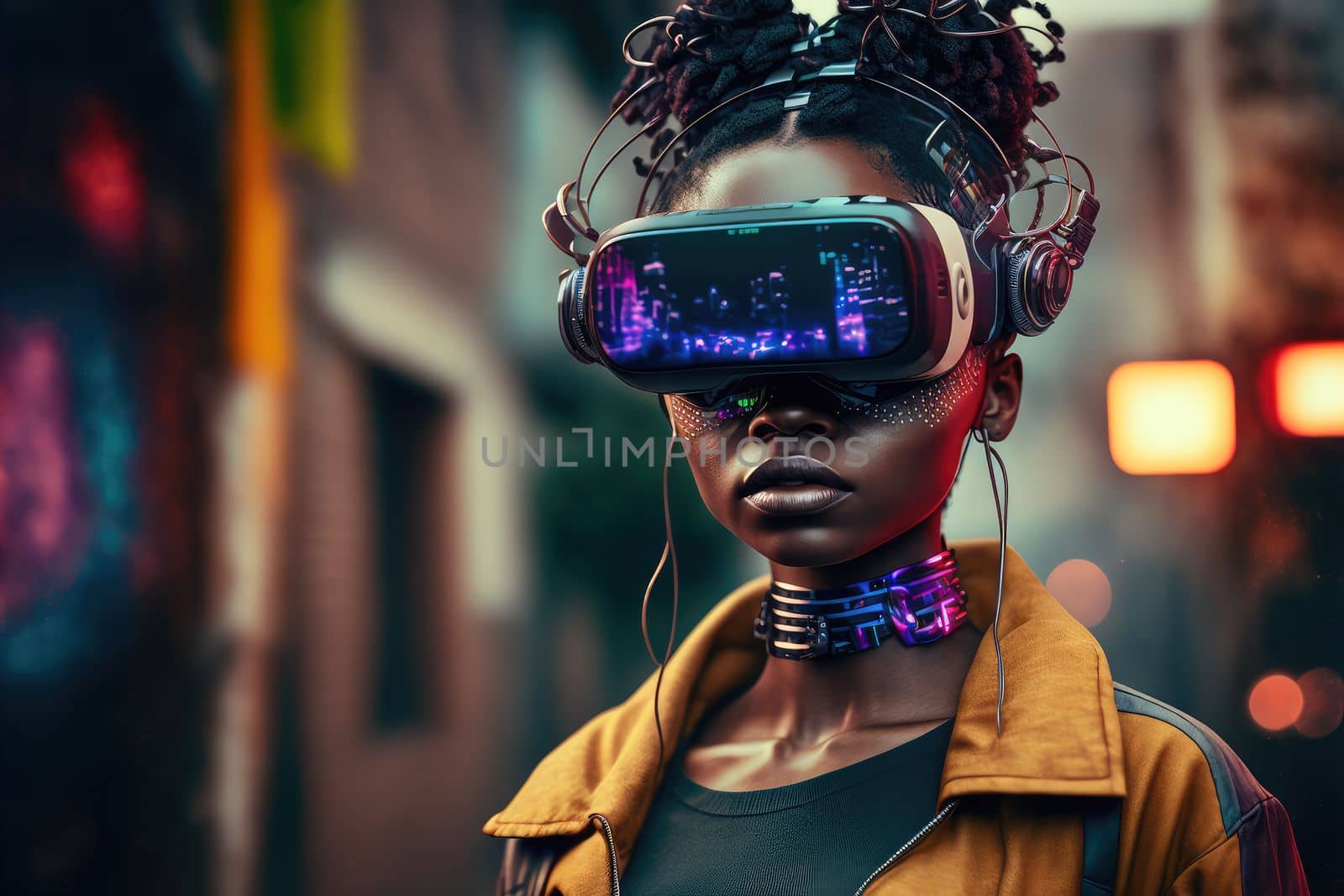 African woman wears virtual reality goggles standing in virtual world background by biancoblue