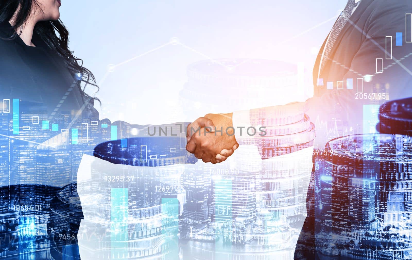 Business handshake on finance prosperity and money technology asset background . Economy and financial growth by investment in valuable stock market to gain wealth profit form currency trading