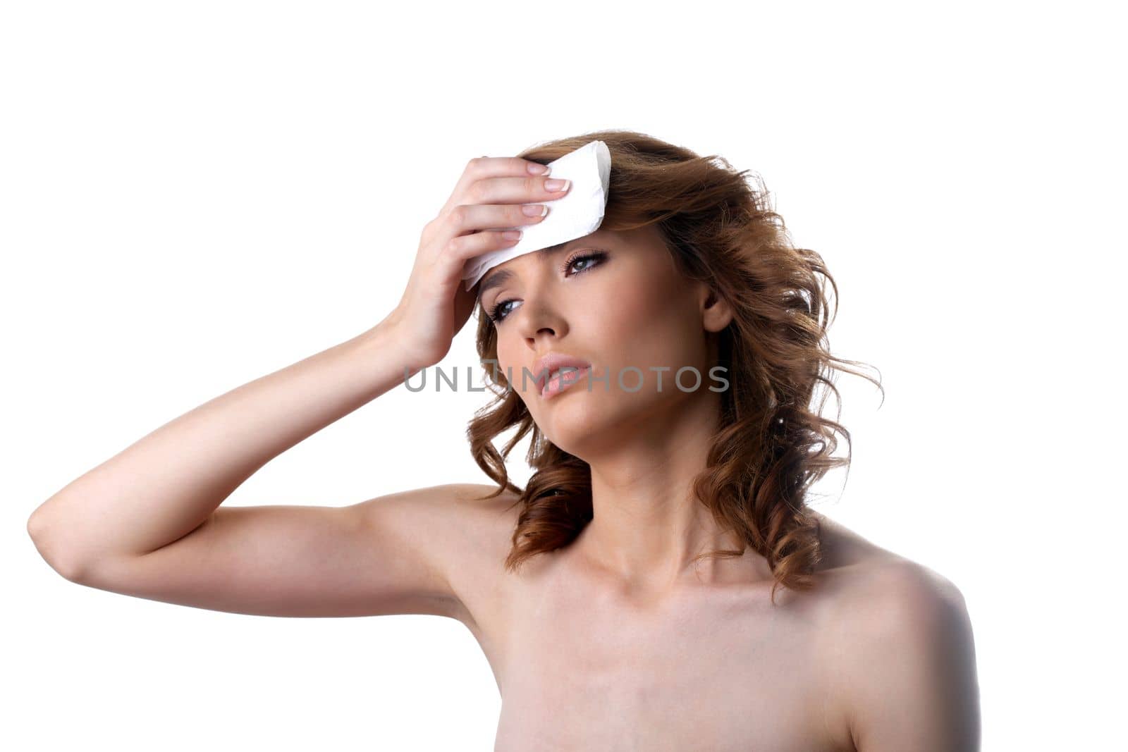 beauty sad woman having headache. Isolated on white