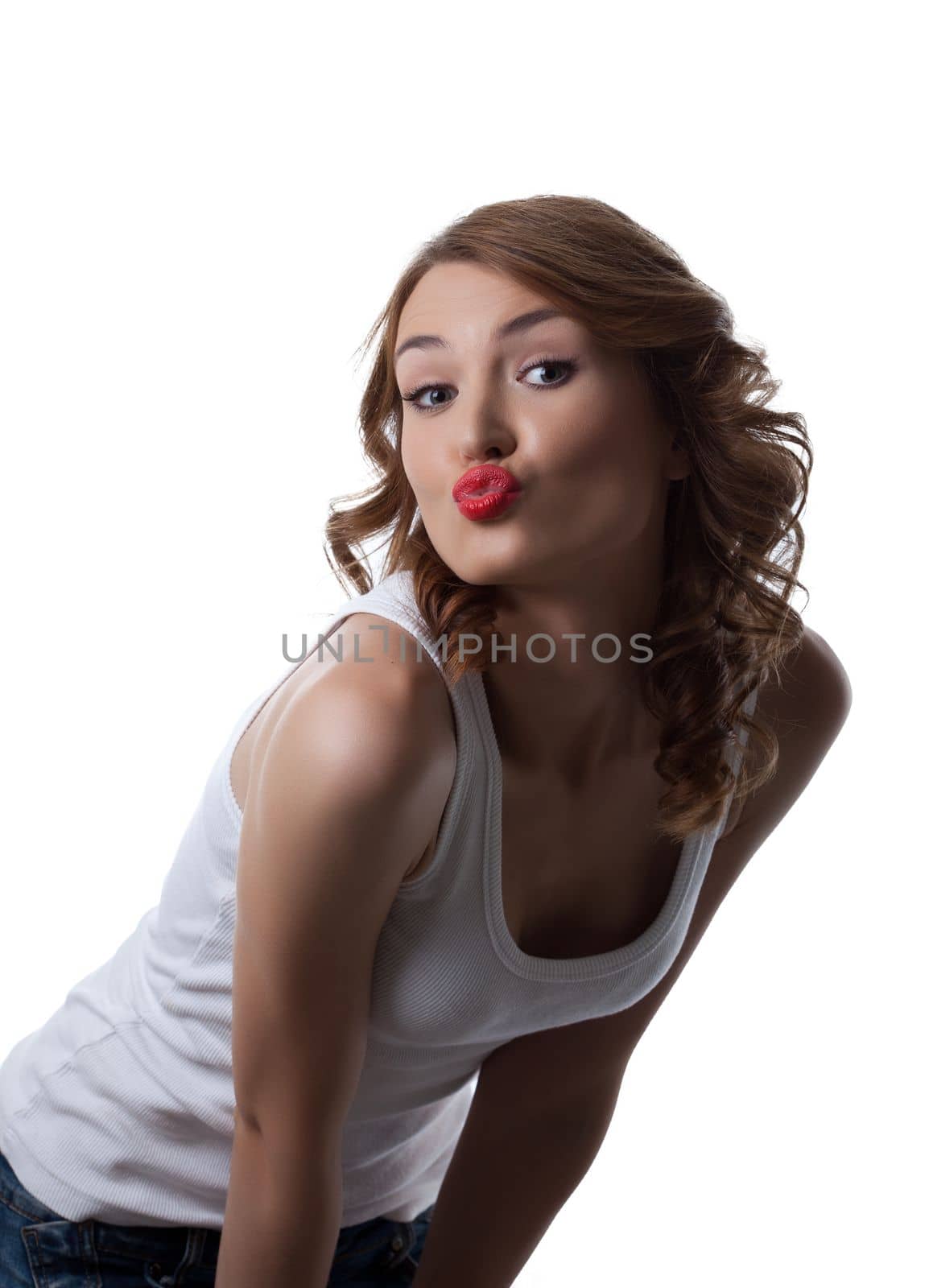Beautiful woman show mouth in air kiss