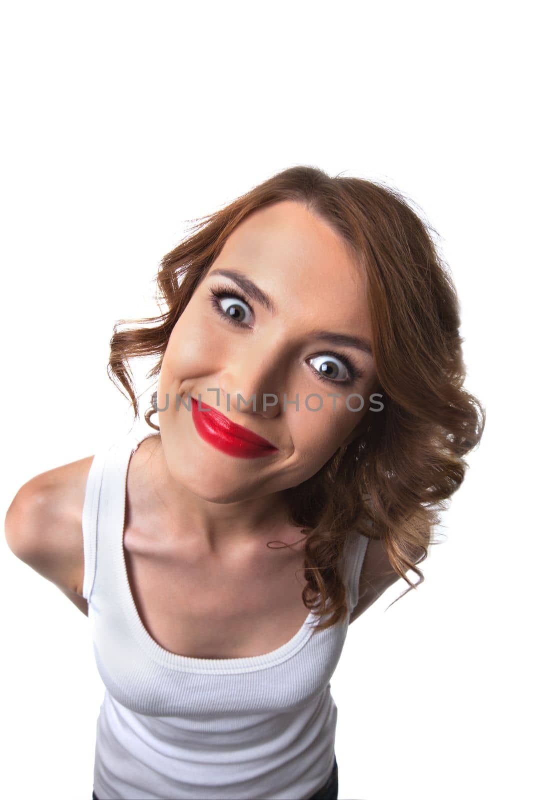 Funny young woman with big head gisheye portrait in tank top isolated