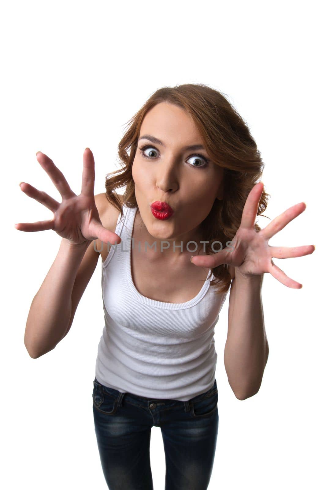 Funny woman with comic head scare in tank top isolated
