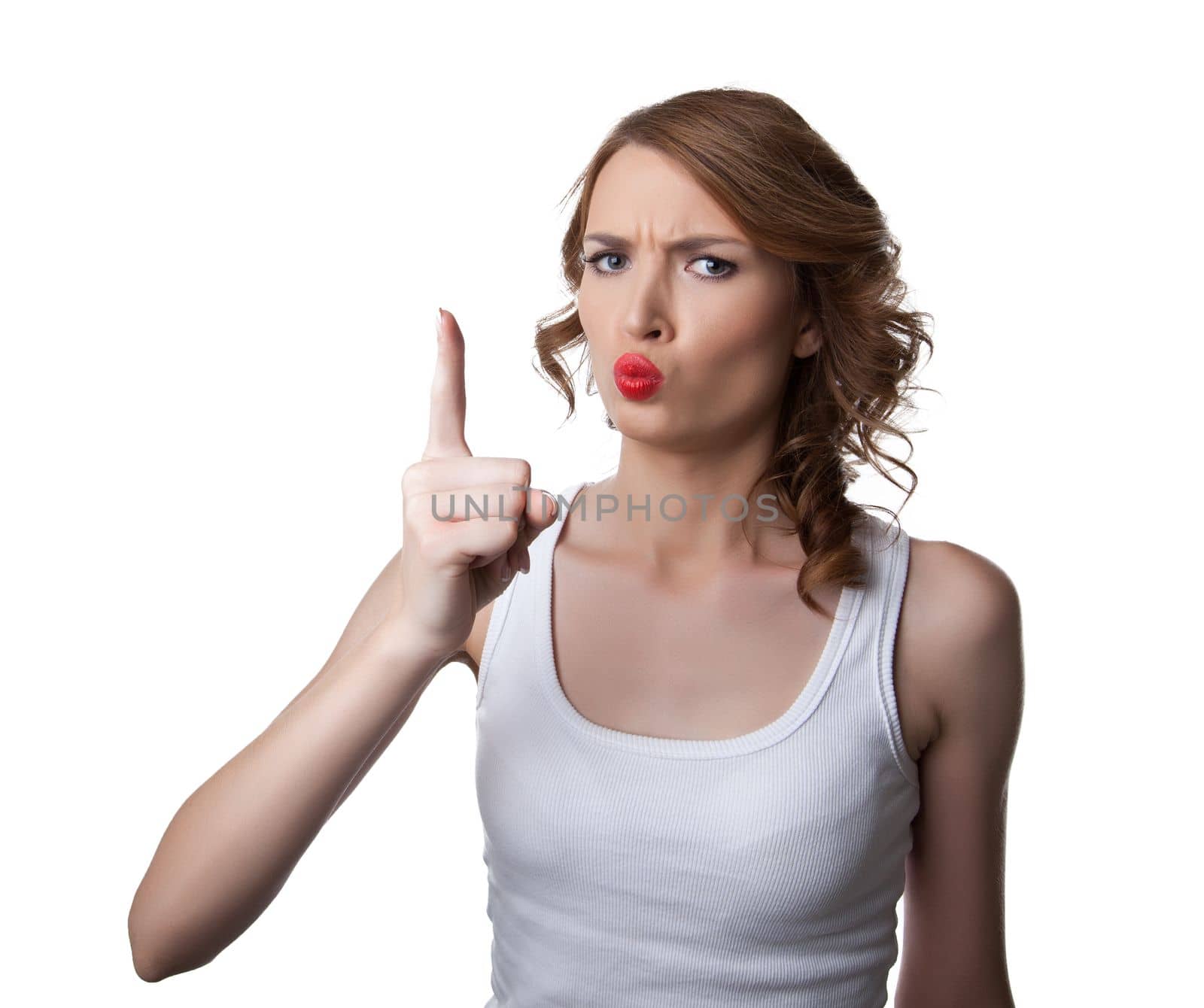 woman in tank top show finger attention emotion isolated