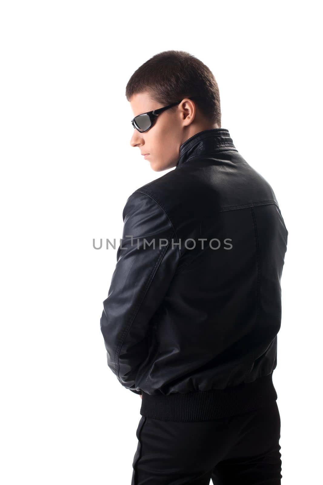 Security officer in black leather jacket and glasses isolated