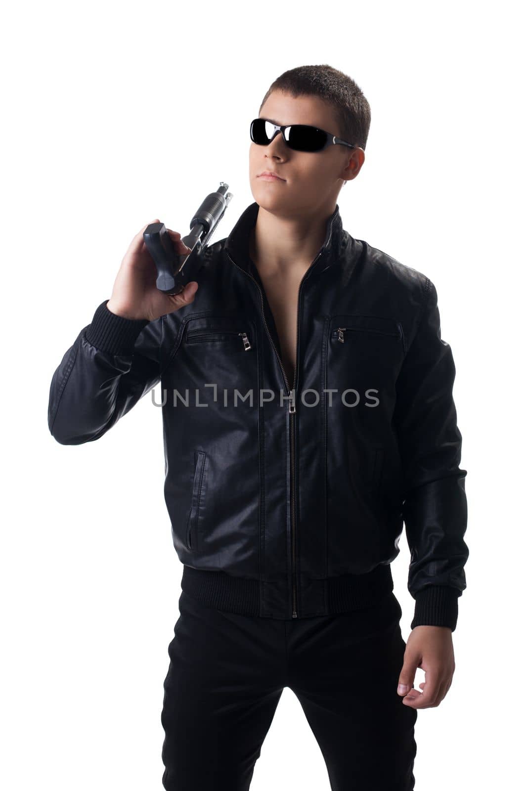 Security officer in black leather with shotgun isolated