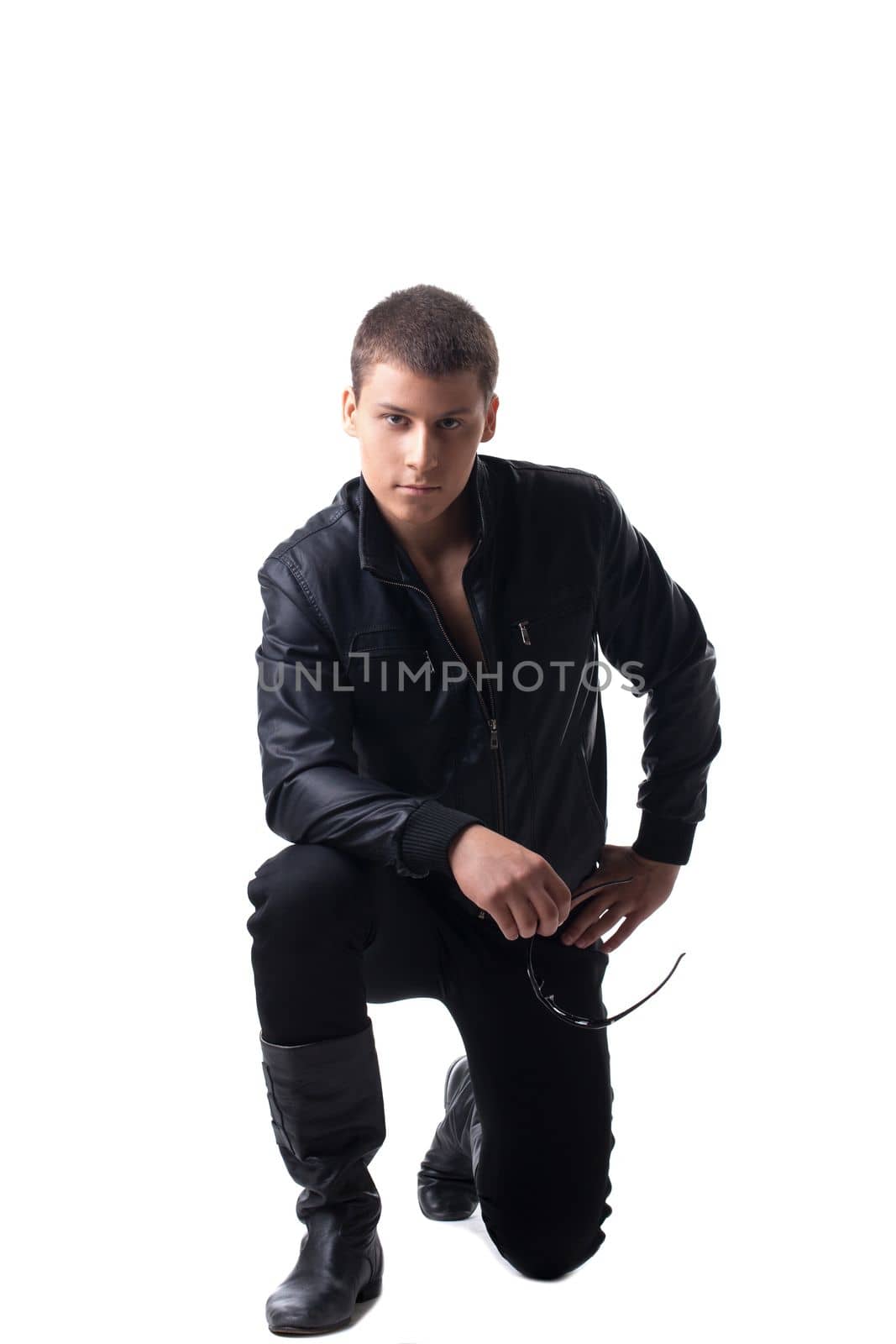 Security officer in black leather and glasses isolated