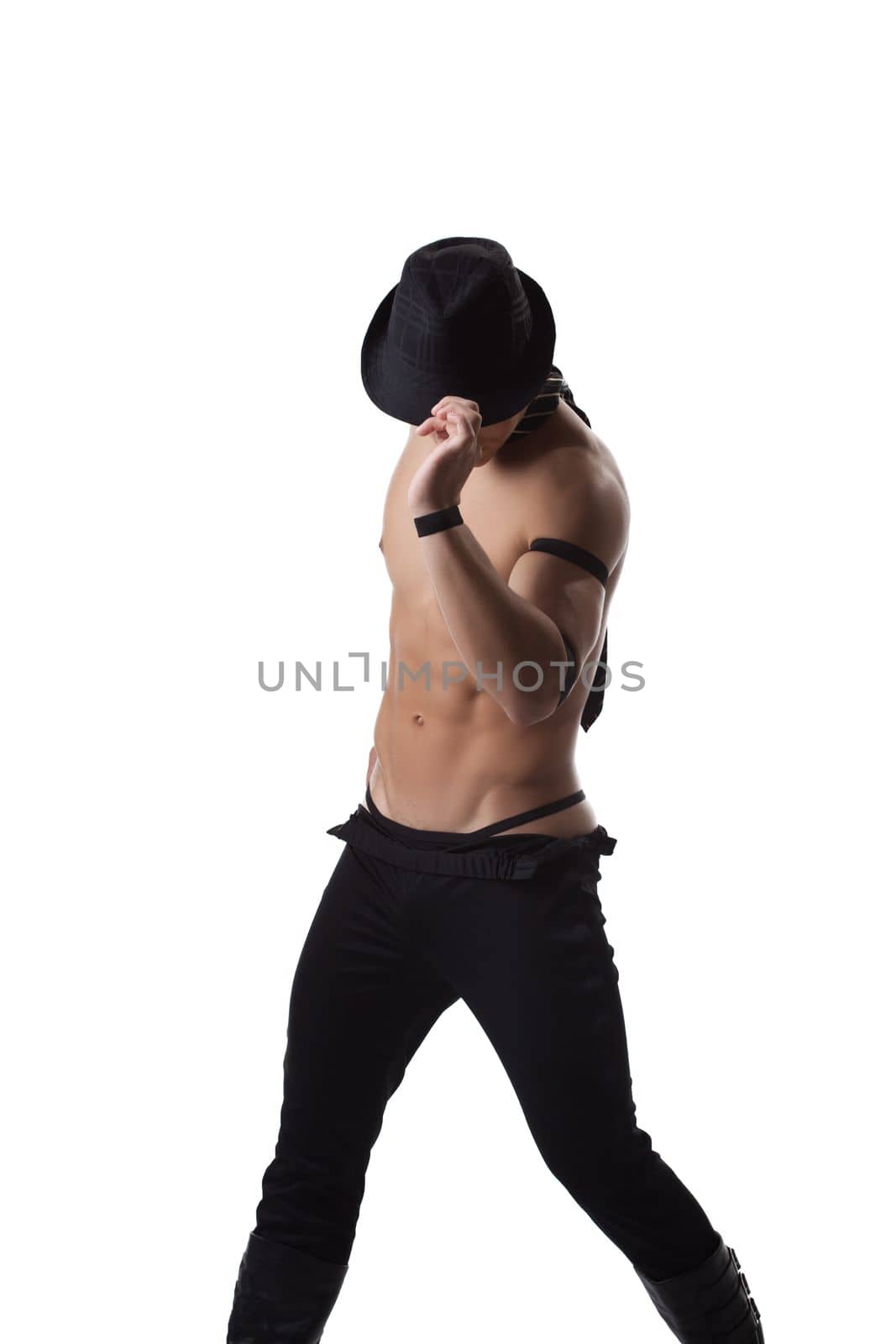 strong man dance striptease - hold hat in hand isolated