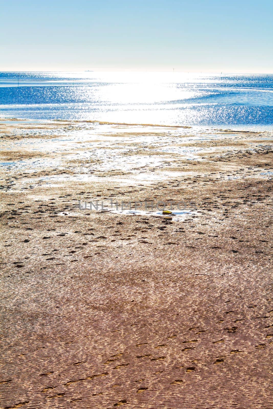 Beautiful coast wadden sea mudflats and tidal flats seascape landscape in Dorum Wurster North Sea coast Wursten Cuxhaven Lower Saxony Germany.