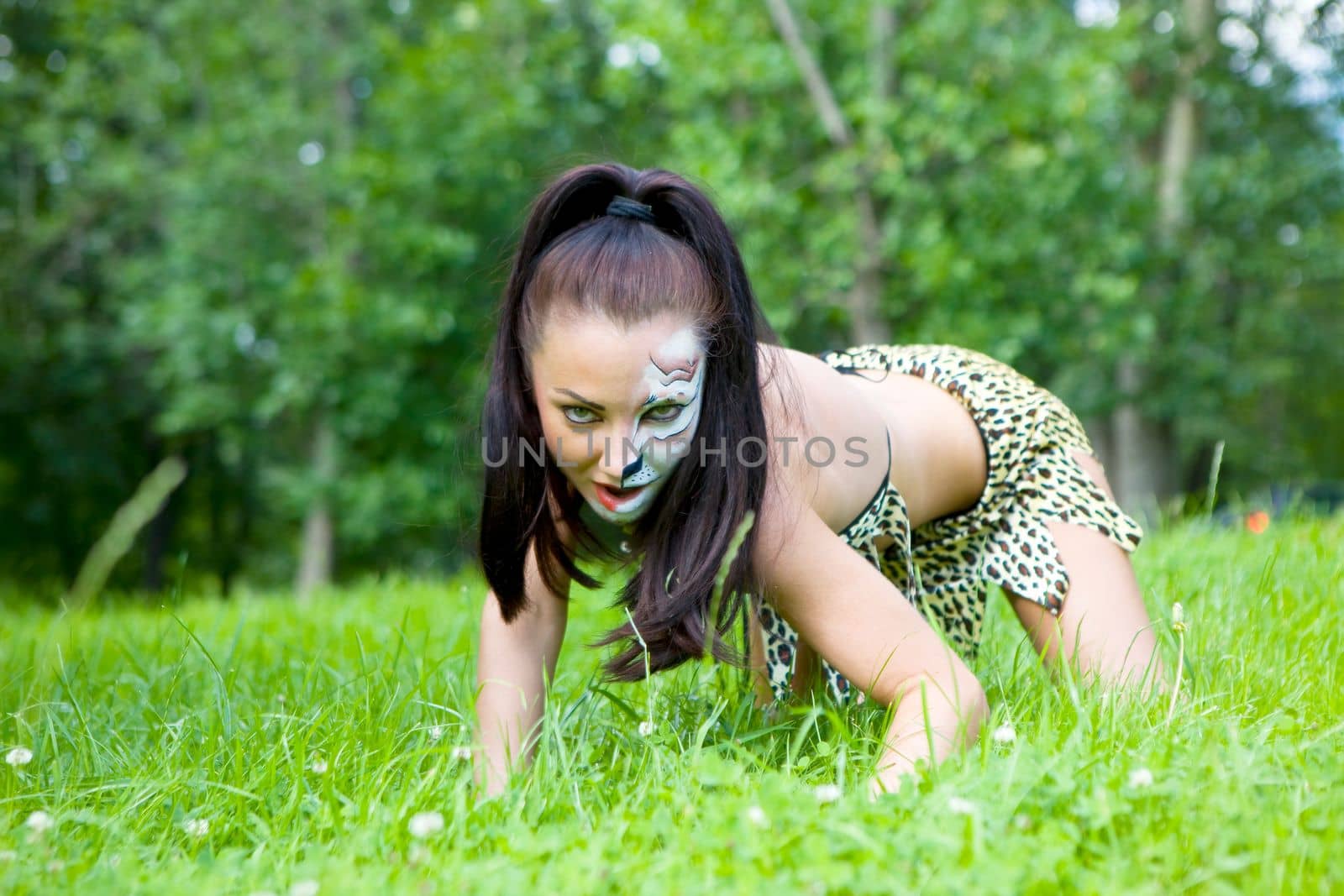 woman with tiger face art on grass