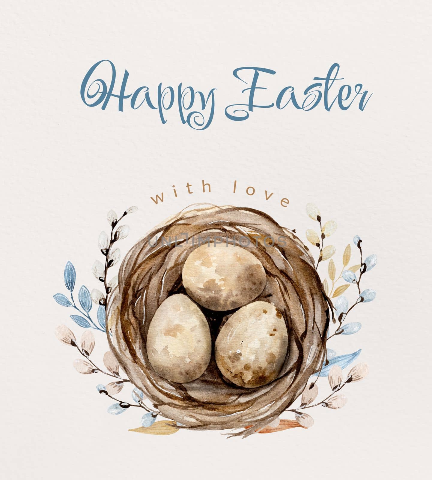 Easter watercolor painting with traditional eggs and nest on white background with greeting text. Festive spring religion aquarelle drawing postcard