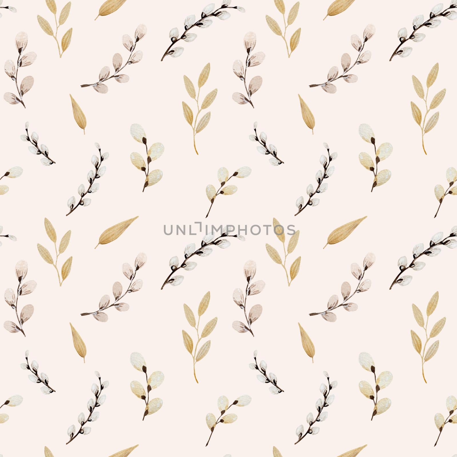 Blooming Easter fluffy willow branches seamless pattern on white background. Religion spring holiday design with traditional symbolic plants