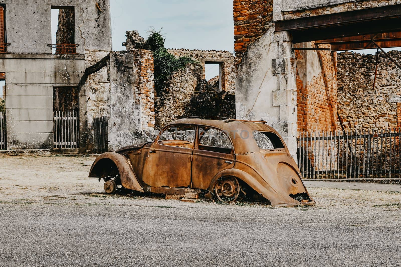 Destroyed cars during World War 2 in Oradour sur Glane France