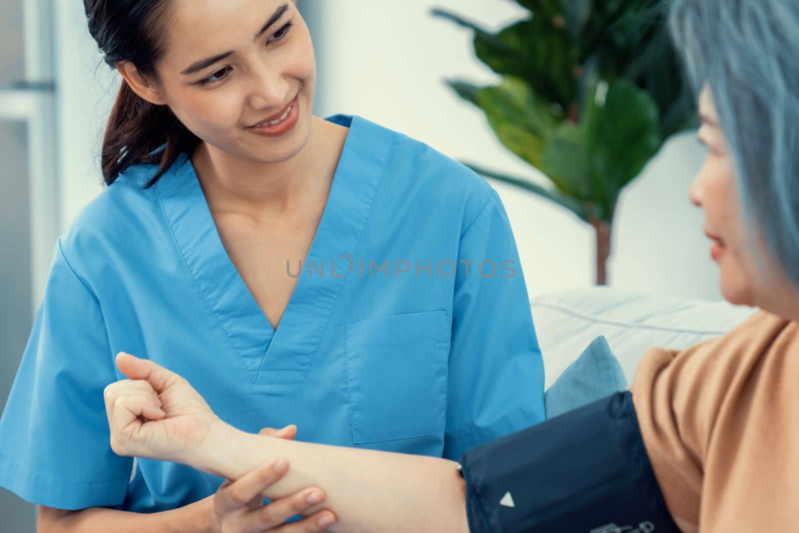 An elderly woman with a contented life having a blood pressure check by her caregiver at home with a smiley face.