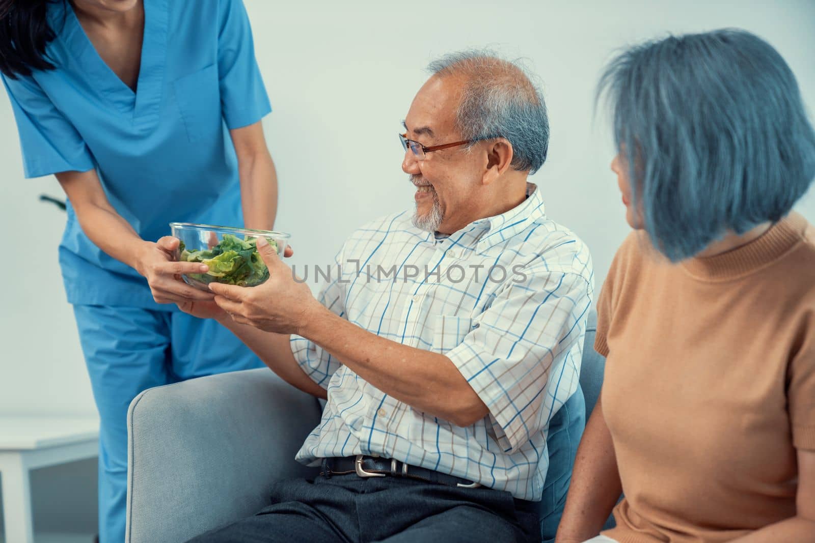 A female nurse serves a bowl of salad to a contented senior couple. Health care and medical assistance for the elderly, nursing home for pensioners.