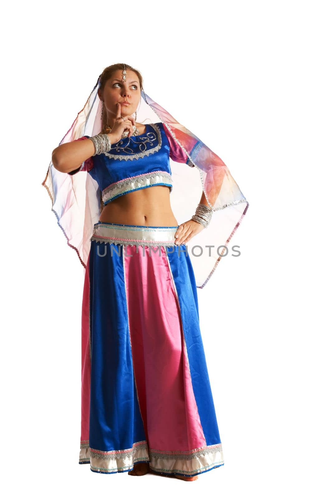Woman posing in traditional arabian costume isolated
