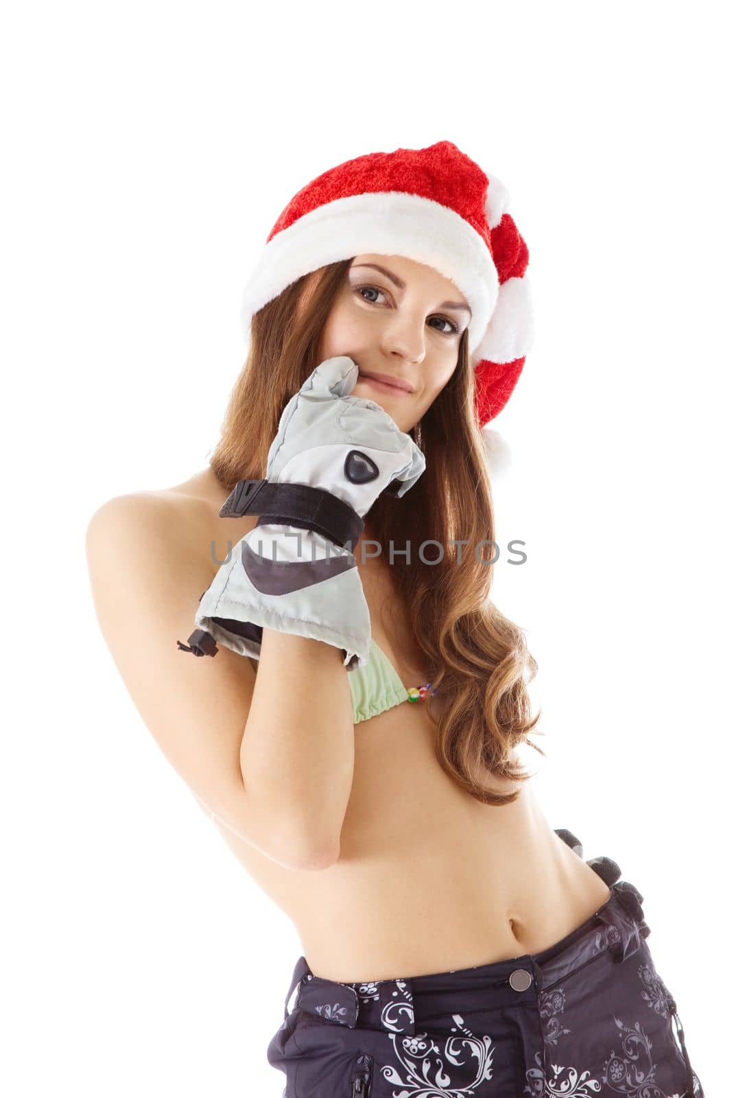 young beauty woman in santa hat bikini and snowboard sportswear