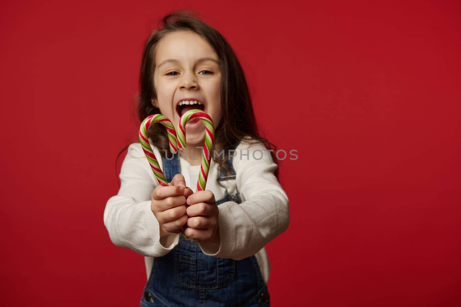 Striped candy canes in the hands of blurred Caucasian funny overjoyed baby girl with long hair, in white pull and blue deinm overalls, holding out at camera Christmas lollipops over red background