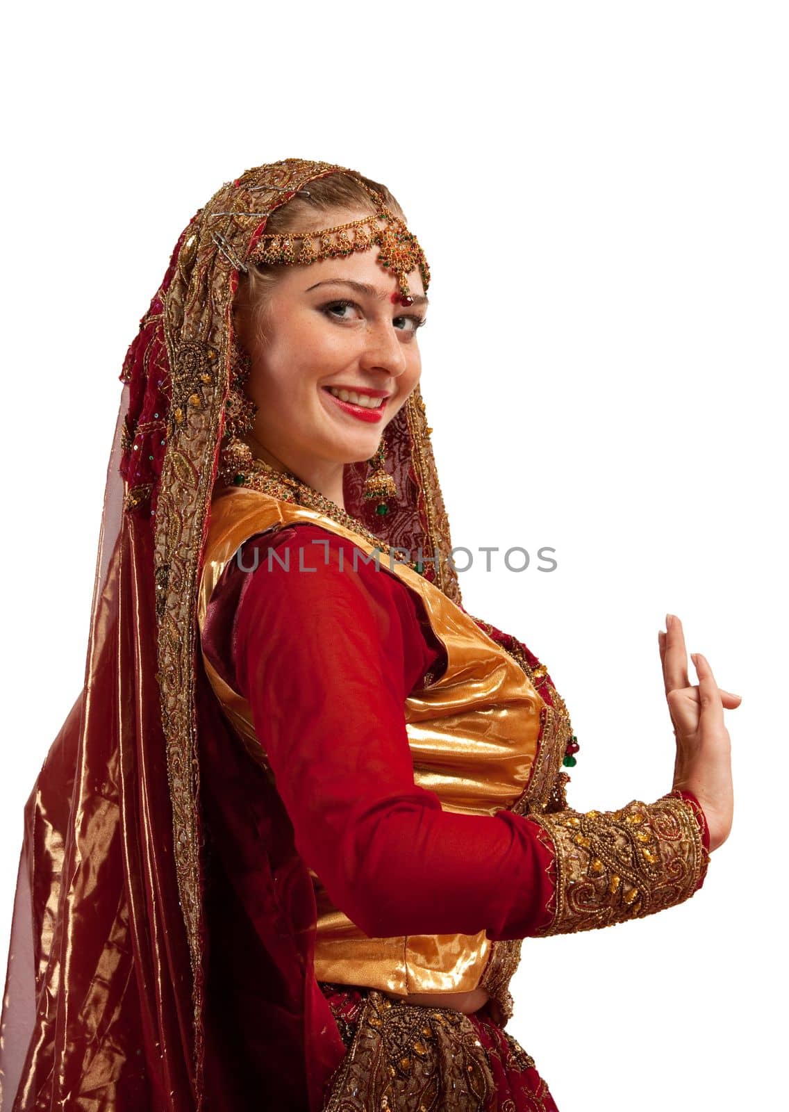 Beauty woman in red oriental indian costume isolated