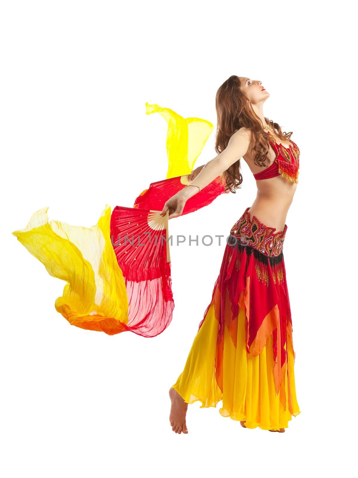 Beauty young woman dance with fantail isolated on white