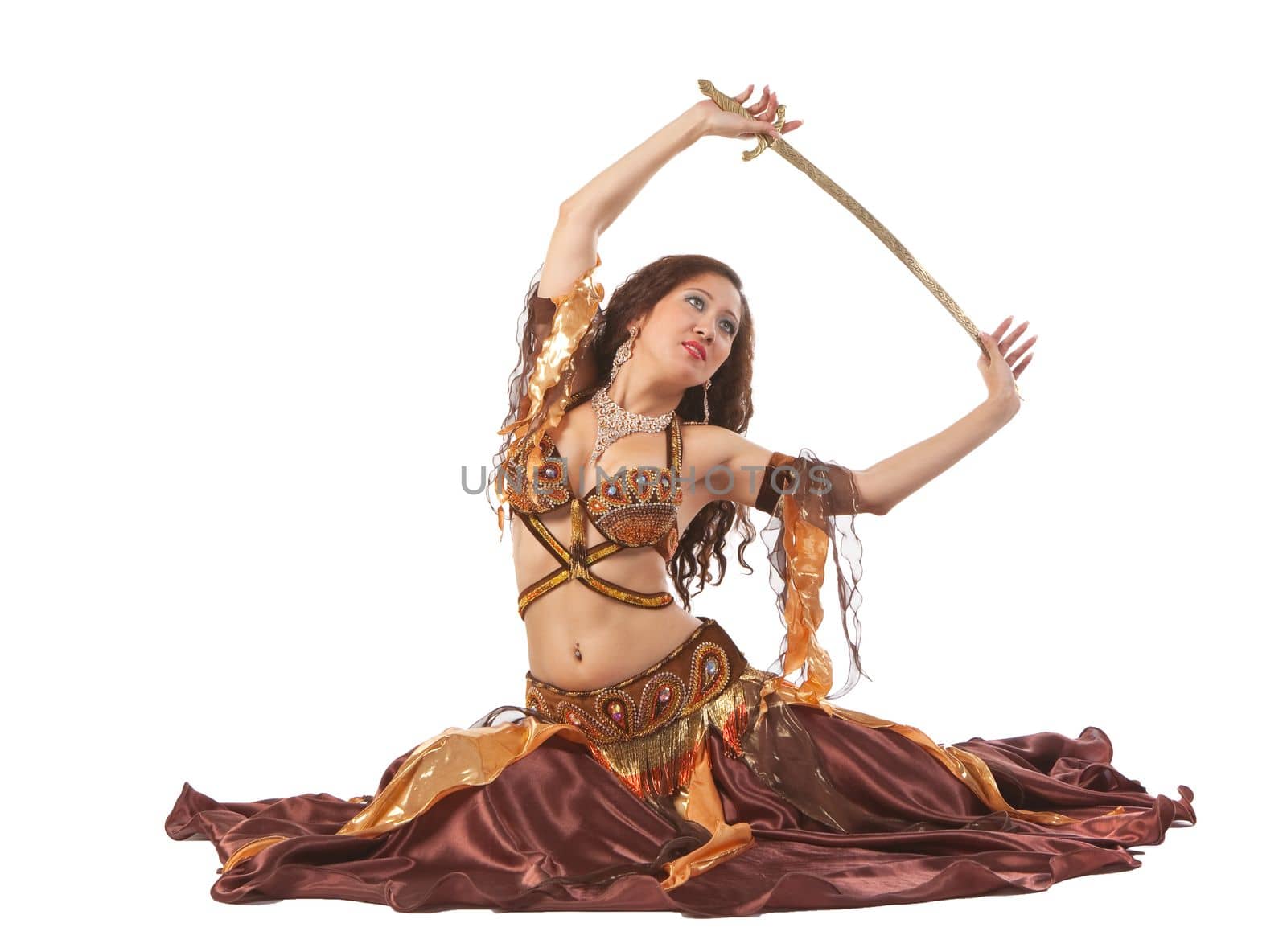 young asian woman sit with sabre in oriental costume isolated