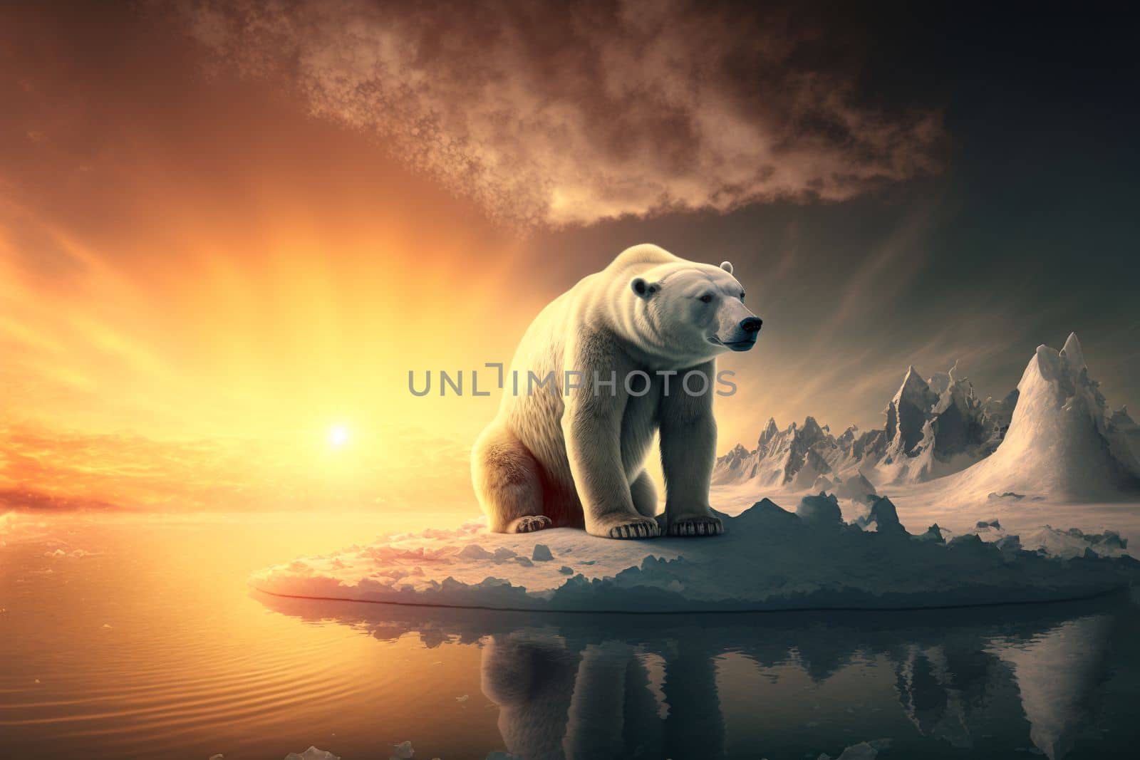 global warming bear on an ice floe. Art image.