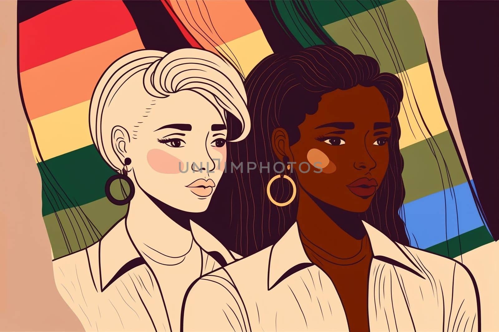 Two LGBT girls in modern art style. The Pride community at the parade with their hands up and the LGBT flag