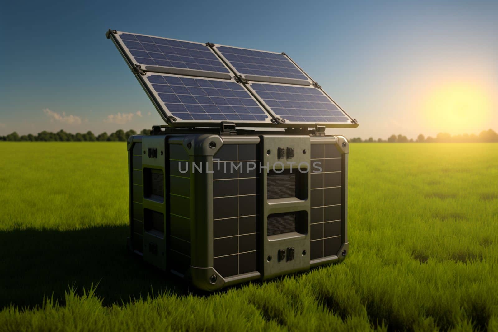 portable solar panel in the field. Alternative energy sources.