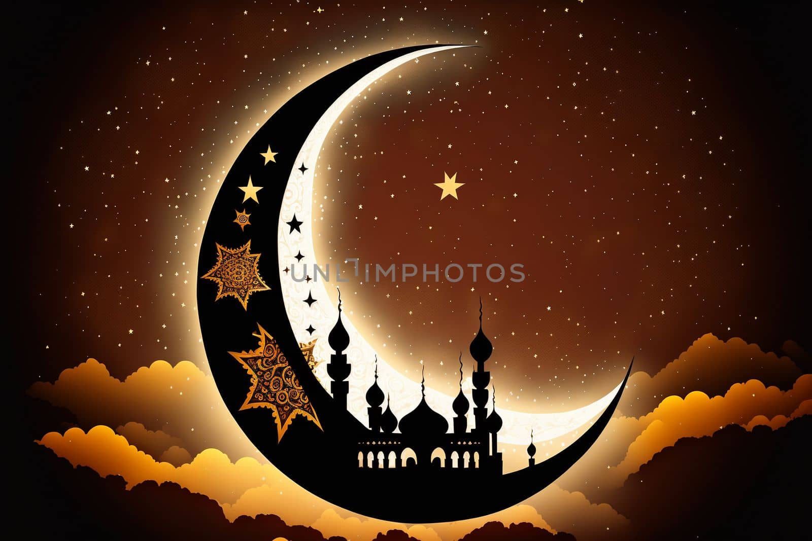 Ramadan Karim congratulations Islamic design crescent symbol with Arabic by gulyaevstudio