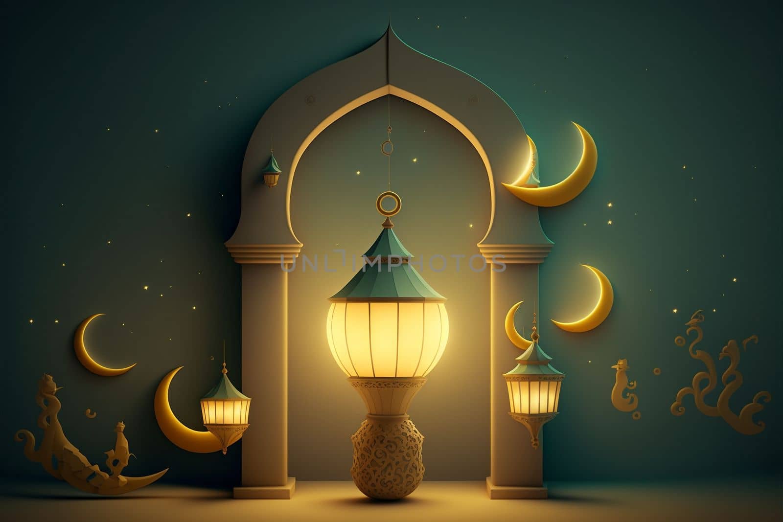 Ramadan Karim greeting card with a serene mosque background with a beautiful glowing lantern