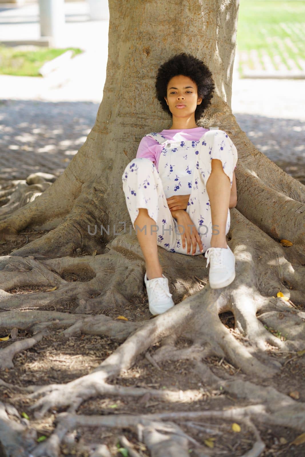 Full body of dreamy African American female looking away while sitting near thick tree trunk with roots in park on summer day