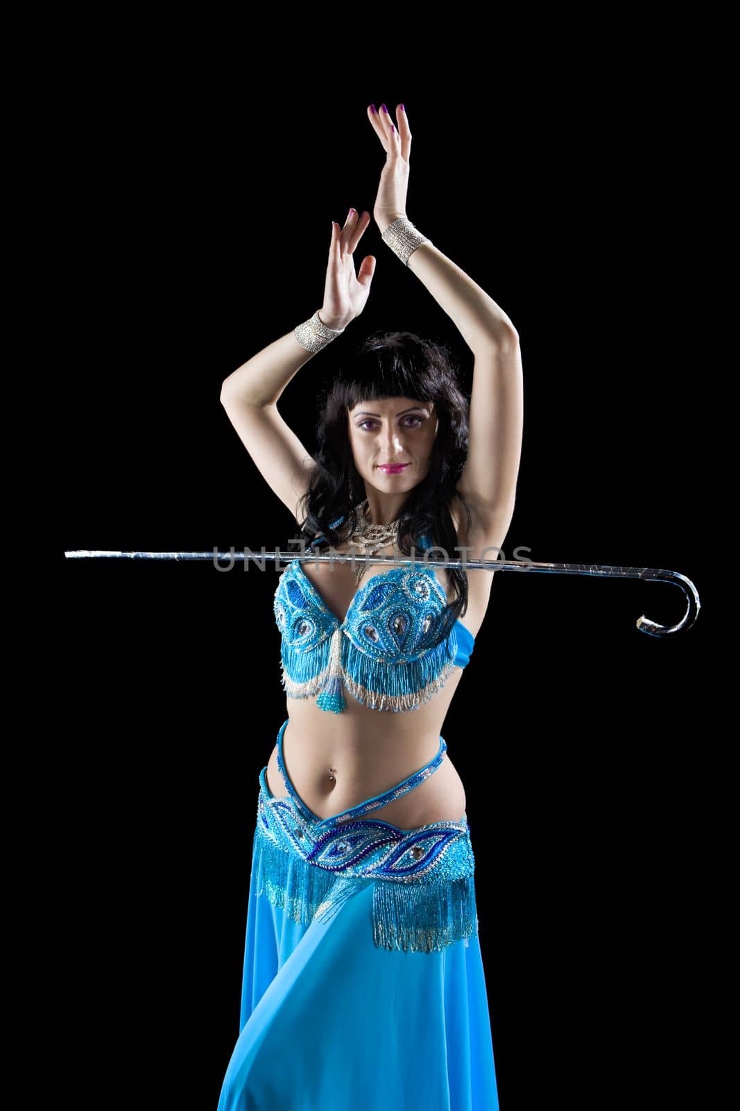 woman in blue costume dance with cane