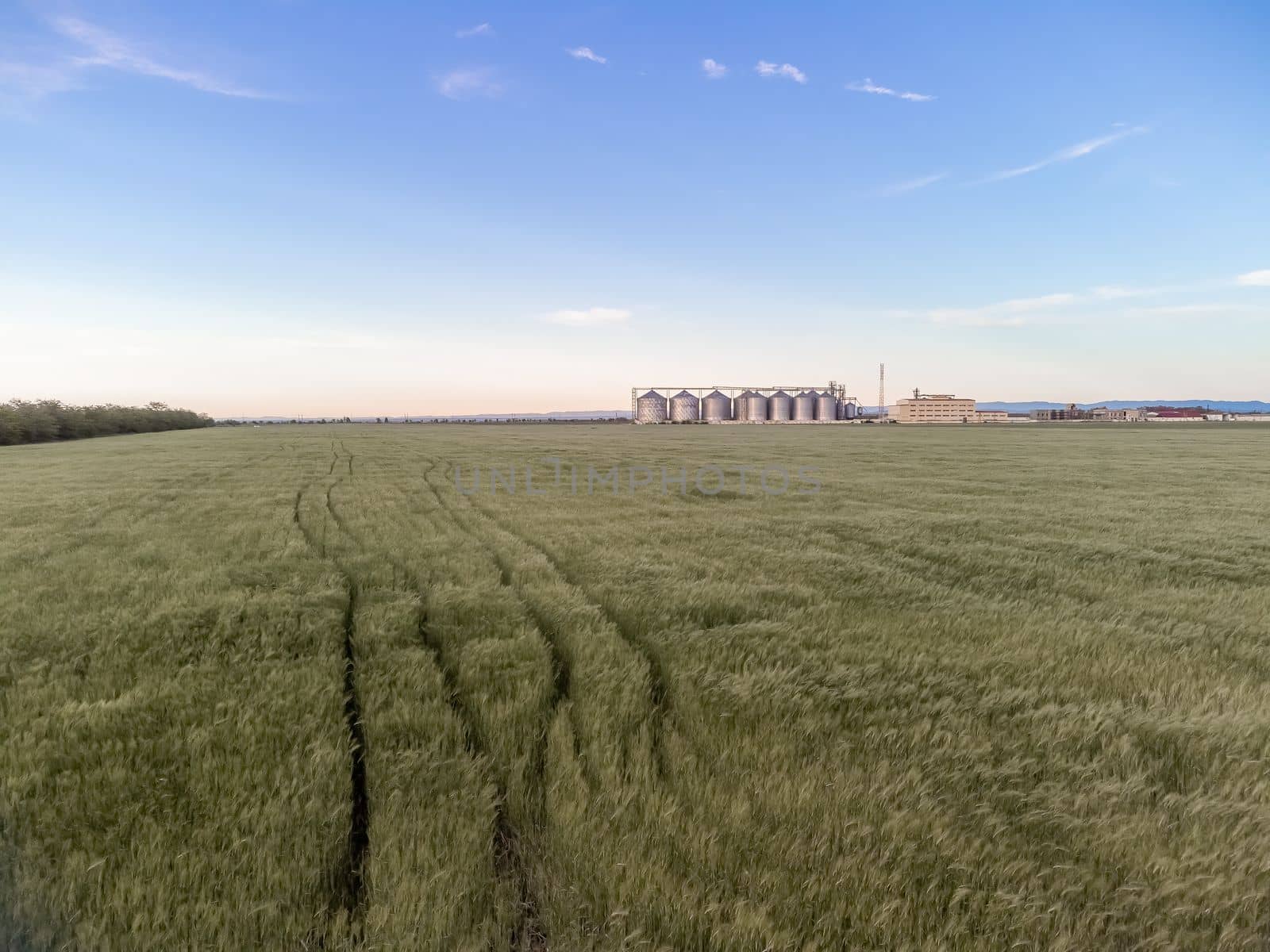 Grain elevator. Metal grain elevator in agricultural zone. Agriculture storage for harvest. Grain silos on green nature background. Exterior of agricultural factory