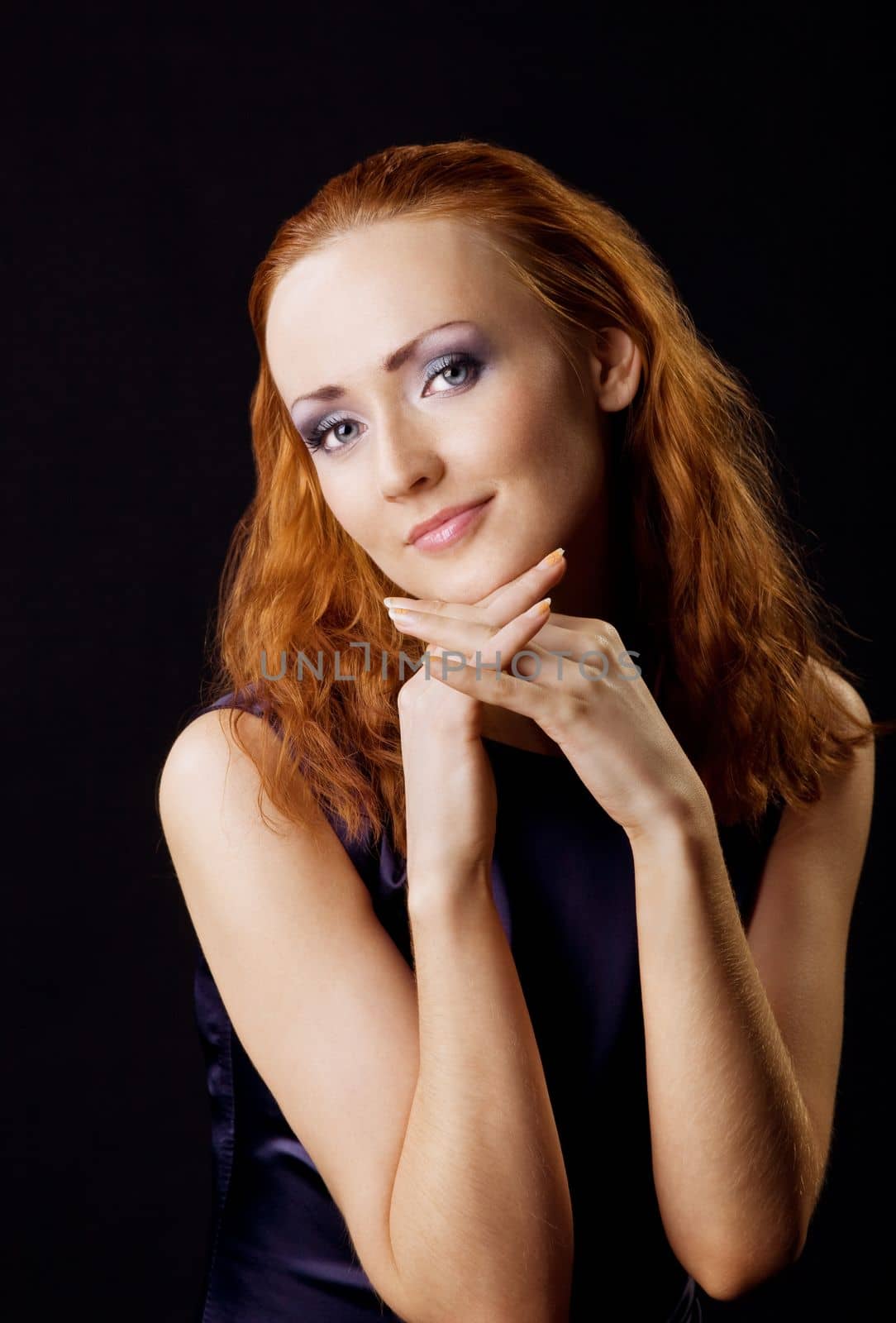 Young red beauty woman look at you