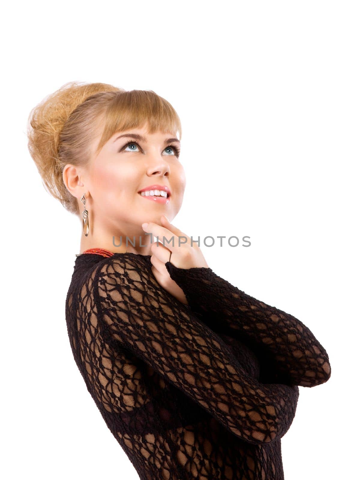 beauty girl in lace smile and look at top on white background