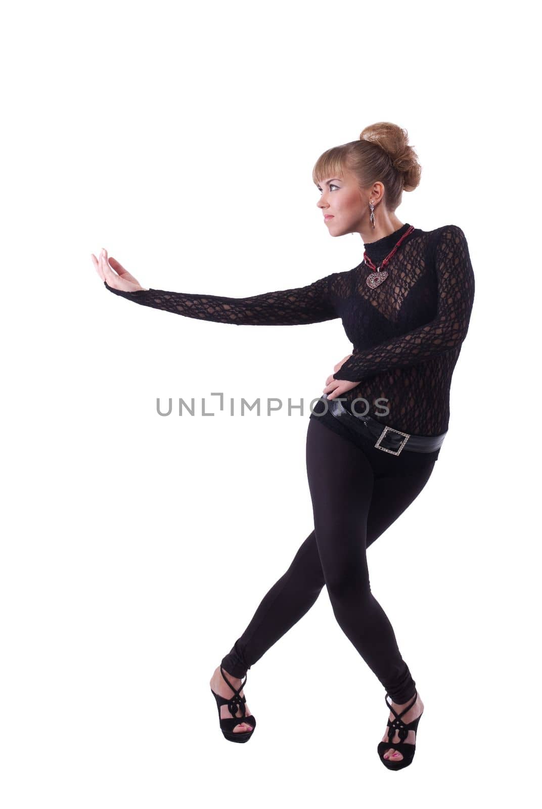 Young girl in lace costume dance and smile isolated