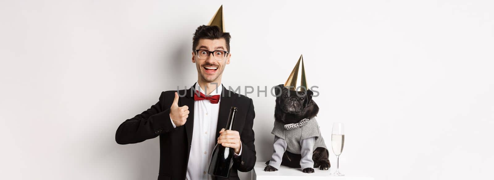 Small black dog wearing party hat and standing near happy man celebrating holiday, owner showing thumb-up and holding champagne bottle, white background by Benzoix