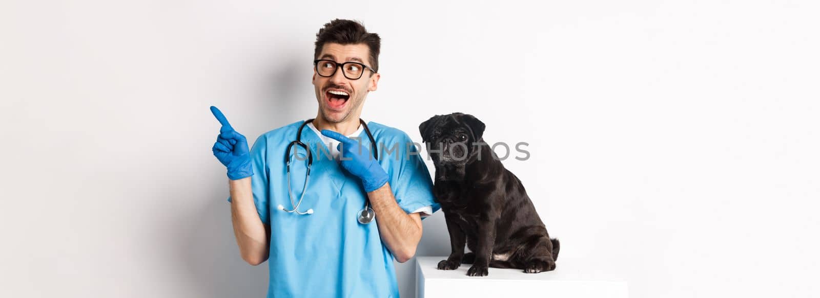 Handsome young doctor at vet clinic pointing fingers upper right corner and looking amazed, standing near cute black pug dog, white background.
