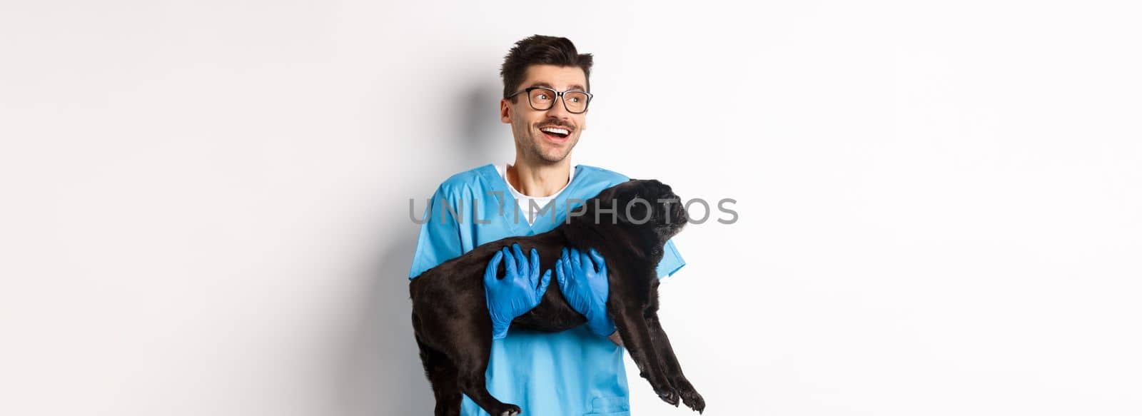 Vet clinic concept. Happy male doctor veterinarian holding cute black pug dog, smiling and looking left, standing over white background.