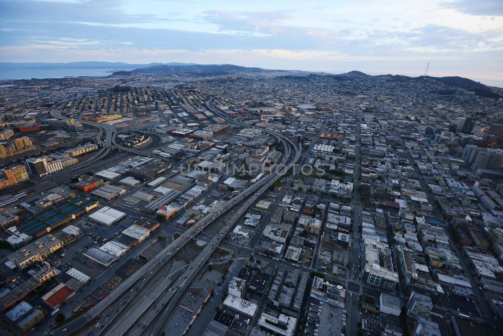 an aerial view of san francisco during sunset