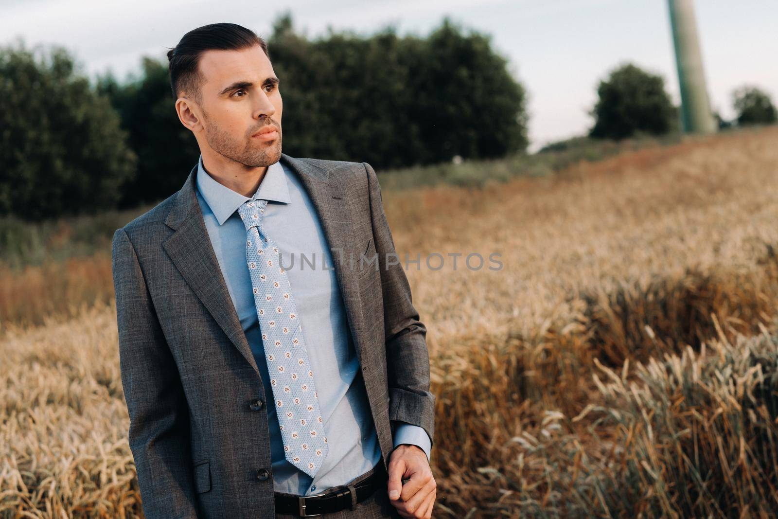 Portrait of a businessman in a gray suit in a wheat field.A man in nature in a jacket and tie.