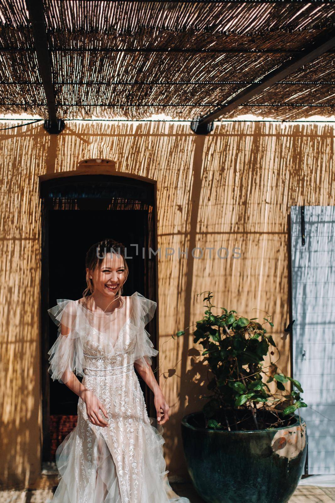 a beautiful bride with pleasant features in a wedding dress is photographed in Provence. Portrait of the bride in France by Lobachad