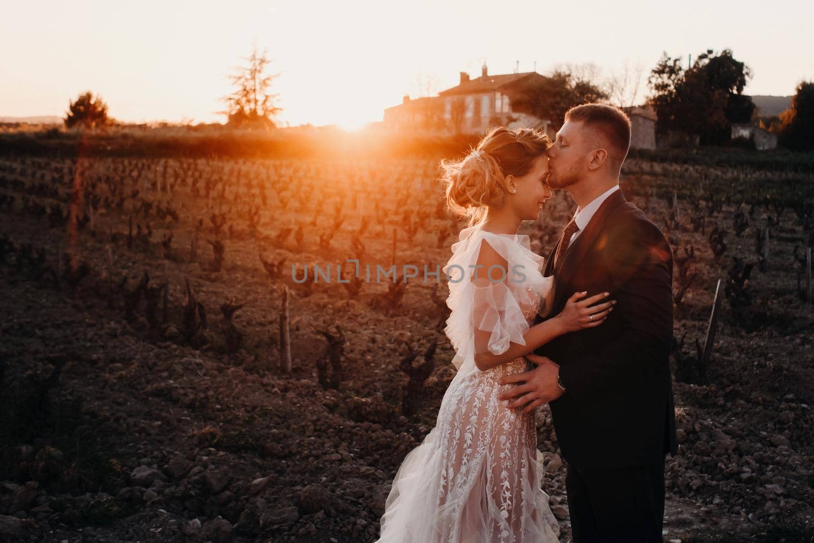 Wedding couple at sunset in France.Wedding in Provence.Wedding photo shoot in France.