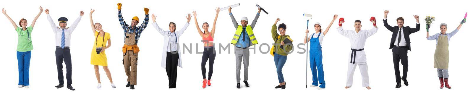 Group of happy people with arms raised representing diverse professions, isolated on white background