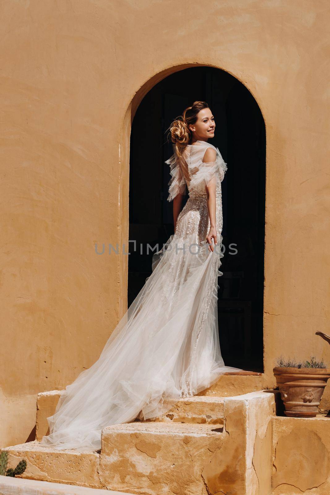 a beautiful bride with pleasant features in a wedding dress is photographed in Provence. Portrait of the bride in France by Lobachad